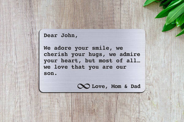 Personalized Wallet Card Insert - We adore your smile son - Silver
