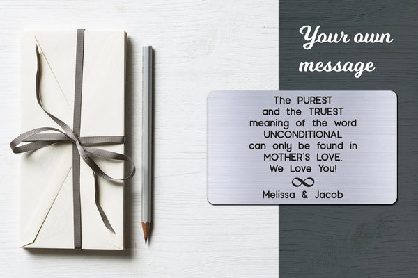 Personalized Wallet Card Insert, Engraved, Gift to Mom, Unconditional Mother's Love, from the Kids, Silver