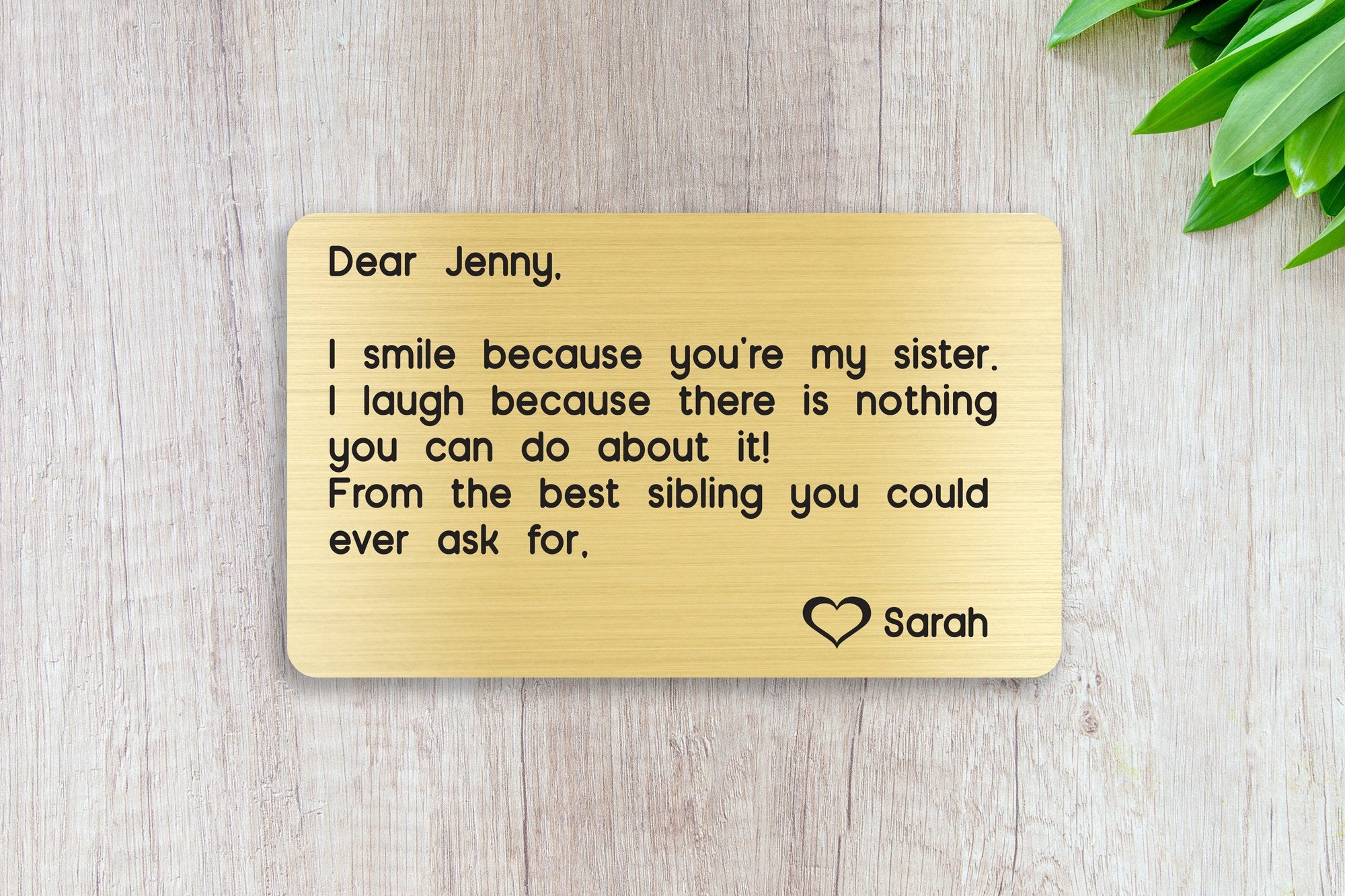 Personalized Engraved Wallet Card Insert, Sister, Family Gift, From the Best Sibling- Gold