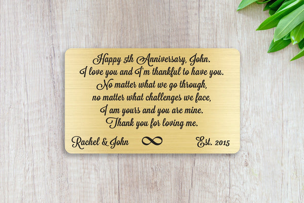 Personalized Wallet Card Insert, Happy 5th Anniversary, Gift For Lover, Gold