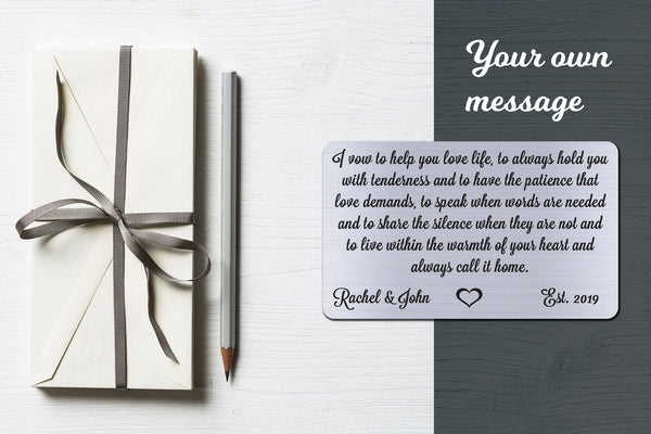 Wedding Vows, Personalized Wallet Card Insert, Help You Love Life, Marriage, Engagement, Silver