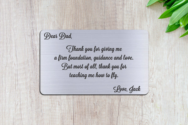 Personalized Engraved Wallet Card Insert, Thank You Dad, Gift, Father's Day, From the Kids, Silver