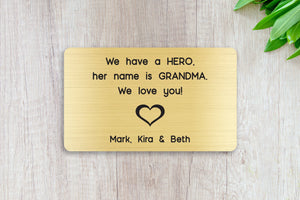 Personalized Engraved Wallet Card Insert, Gift for Grandma, Hero, From the Grand kids, Gold