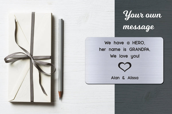 Personalized Engraved Wallet Card Insert, Gift for Grandpa, Hero, From the Grand kids, Silver