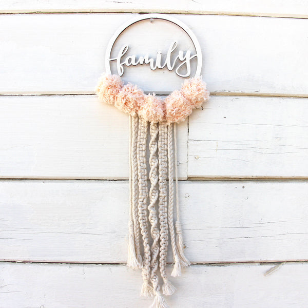 Personalized Macrame Wall Hanging - Dream Catcher with Pom Poms - Bohemian Home Decor