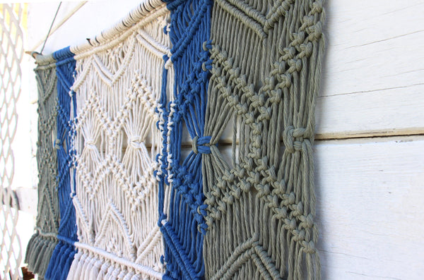 Large Macrame with Tassels - White, Sage, Blue - Bohemian Home Decor Wall Hanging