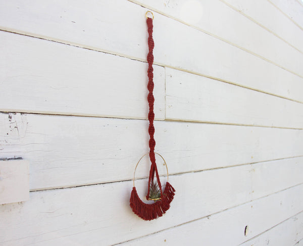 Macrame Air Plant Holder with Tassels - Red - Bohemian Home Decor Wall Hanging