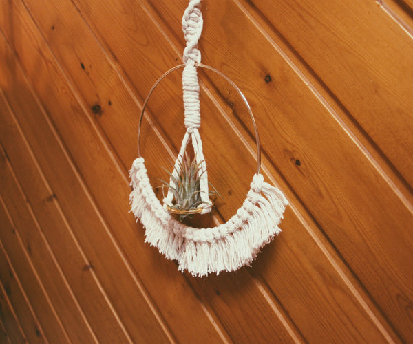 Macrame Air Plant Holder with Tassels - White - Bohemian Home Decor Wall Hanging