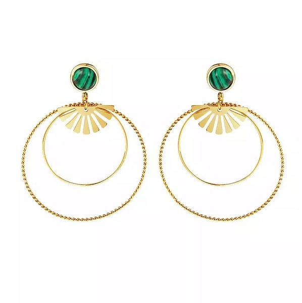Boho Hoop Earrings with Green Stone in Gold - Stainless Steel