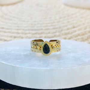 Adjustable Black Natural Stone Drop Boho Ring - Gold