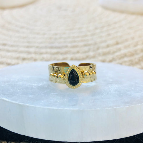 Adjustable Black Natural Stone Drop Boho Ring - Gold