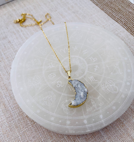 Druzy Quartz Moon Necklace - Gold