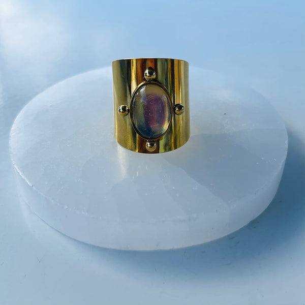 Gold Statement Ring with Crystals - Adjustable - Opalite