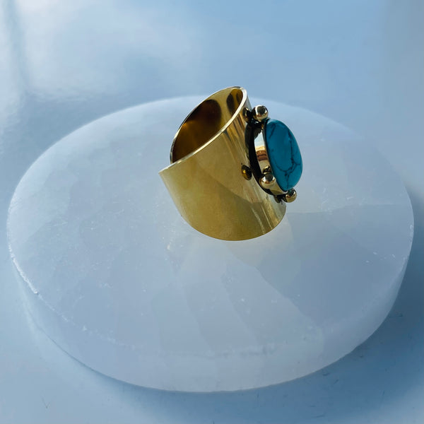 Gold Statement Ring with Crystals - Adjustable - Turquoise