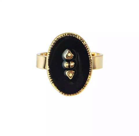 Vintage Black Enamel Ring - Gold