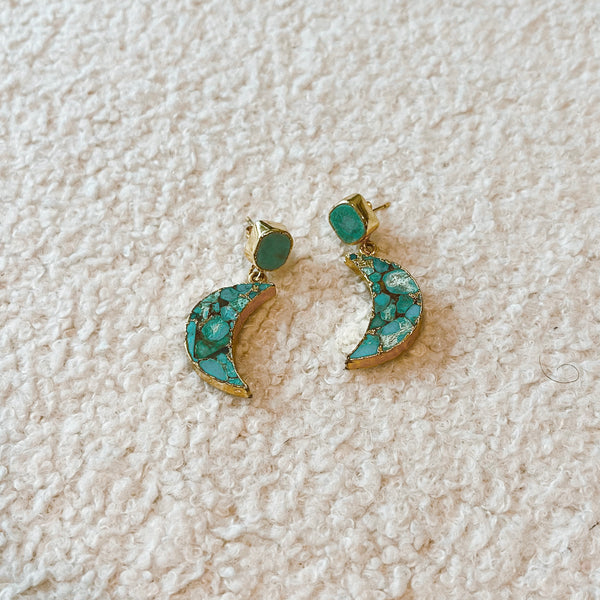 Turquoise Crescent Moon Earrings - Gold
