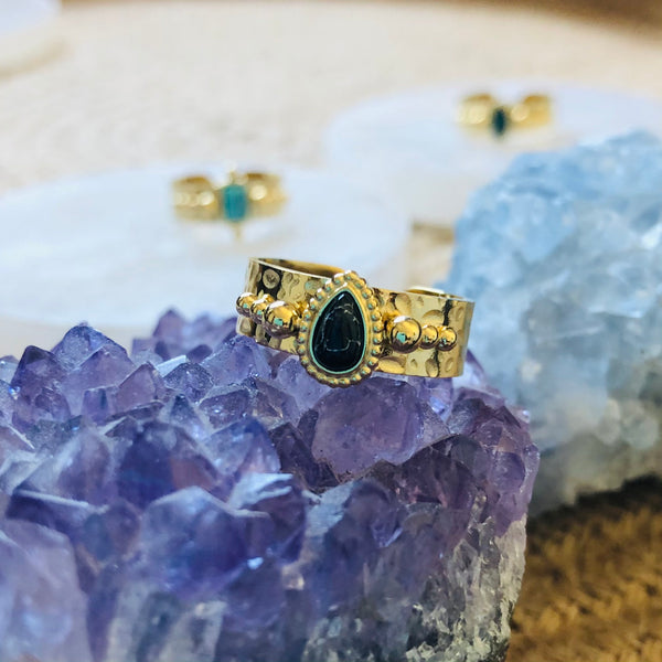 Adjustable Black Natural Stone Drop Boho Ring - Gold