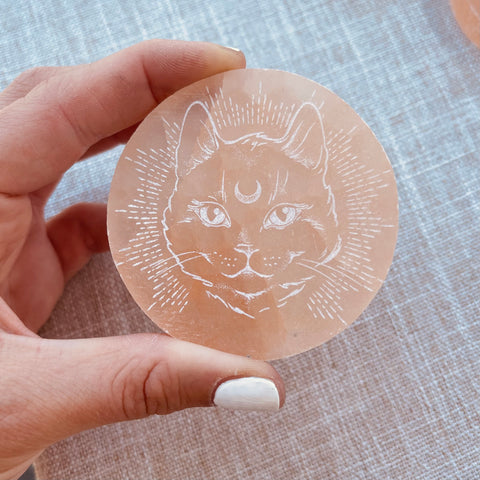 Etched Peach Selenite Disc - Cat - Cleansing & Charging