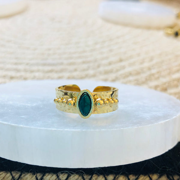 Adjustable Green Natural Stone Boho Ring - Gold