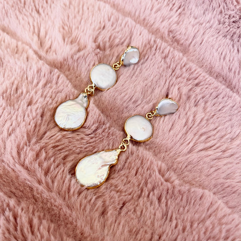Triple Fresh Water Pearl Drop Earrings - Gold
