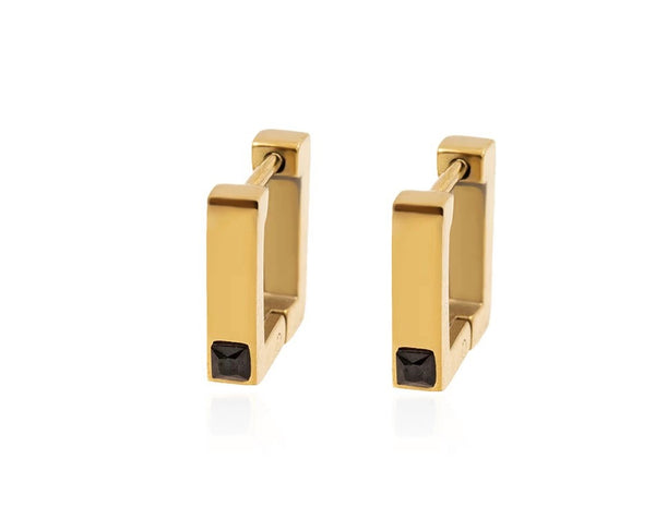 Gold Square Huggies with Black Stone - Stainless Steel
