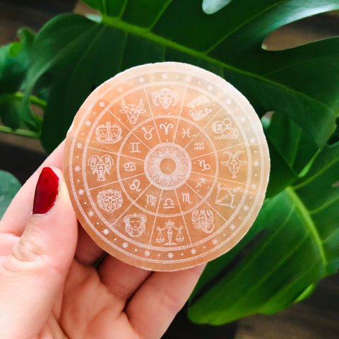 Etched Peach Selenite Disc - Horoscope Wheel - Zodiac Signs - Cleansing & Charging