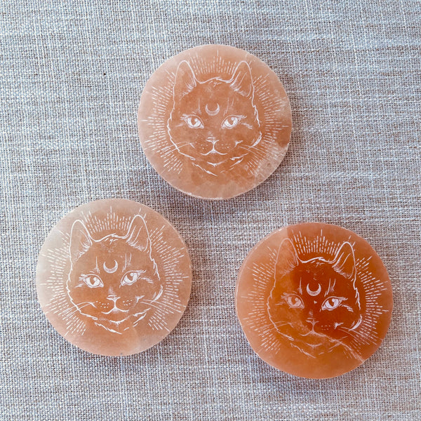 Etched Peach Selenite Disc - Cat - Cleansing & Charging