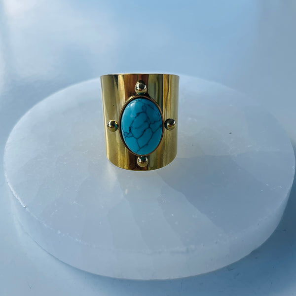 Gold Statement Ring with Crystals - Adjustable - Turquoise