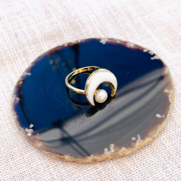 Fresh Water Pearl Moon Ring - Adjustable - Gold