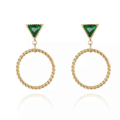 Green Triangle Stud Earrings - Gold