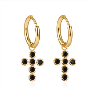 Cross Hoop Earring with Black Crystals - Gold - Stainless Steel