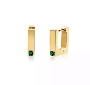 Gold Square Huggies with Green Stone - Stainless Steel