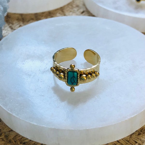 Adjustable Turquoise Boho Ring - Gold