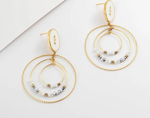 White and Gold Vintage Style Earrings - Stainless Steel