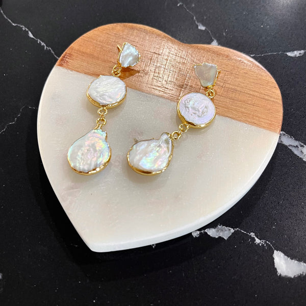 Triple Fresh Water Pearl Drop Earrings - Gold