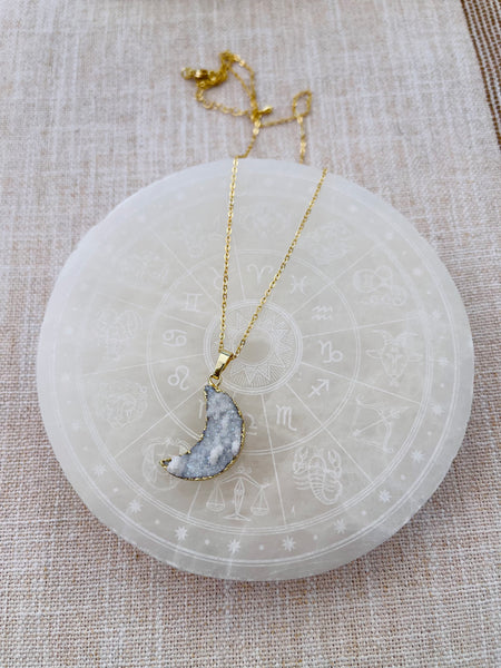 Druzy Quartz Moon Necklace - Gold