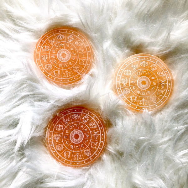 Etched Peach Selenite Disc - Horoscope Wheel - Zodiac Signs - Cleansing & Charging