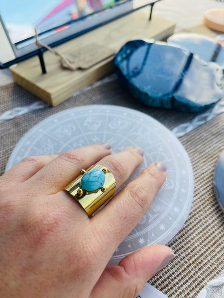 Gold Statement Ring with Crystals - Adjustable - Turquoise