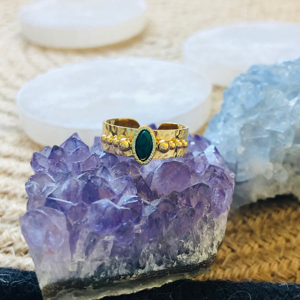Adjustable Green Natural Stone Boho Ring - Gold
