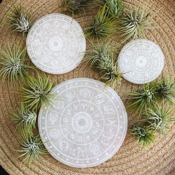 Etched Selenite Disc - Horoscope Wheel - Zodiac Signs - Cleansing & Charging