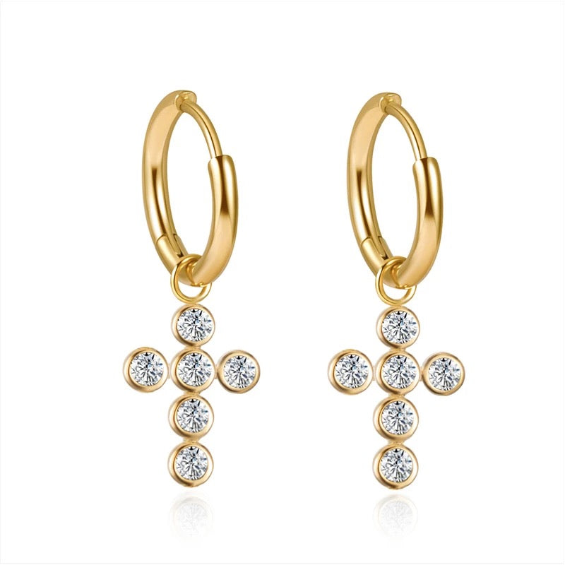 Cross Hoop Earring with Crystals - Gold - Stainless Steel