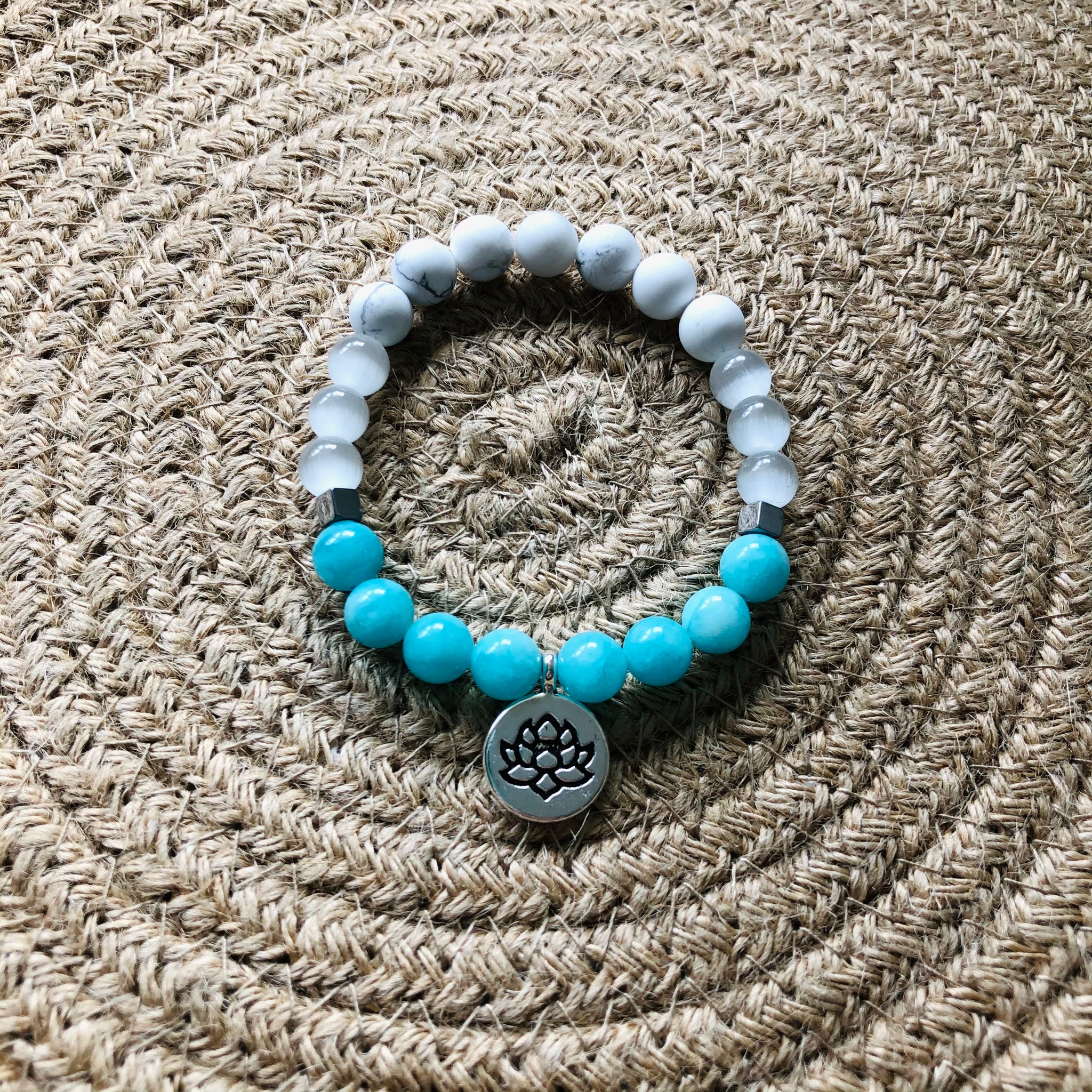 Ultimate Relaxation - Amazonite, Moonstone, Howlite, Hematite, Lotus - Gemstone Bracelet