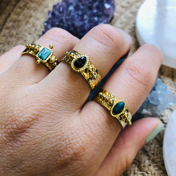 Adjustable Black Natural Stone Drop Boho Ring - Gold