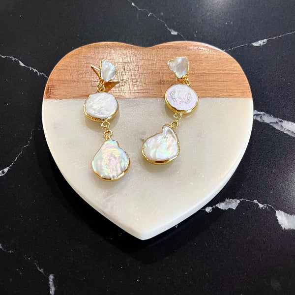 Triple Fresh Water Pearl Drop Earrings - Gold
