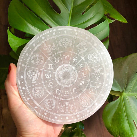 Etched Selenite Disc - Horoscope Wheel - Zodiac Signs - Cleansing & Charging